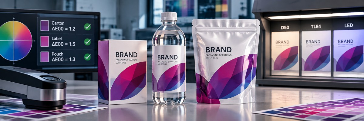 Packaging samples compared with color measurements and different viewing conditions.