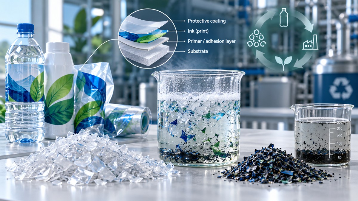 Printed packaging, layered materials and a recycling wash illustration.