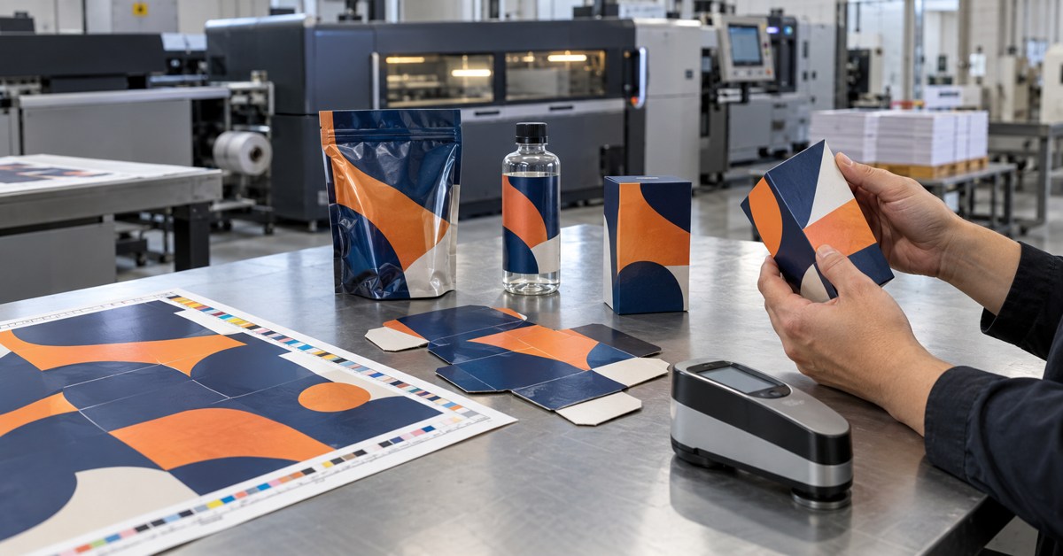 Printed cartons, pouches and a bottle being examined beside a press.