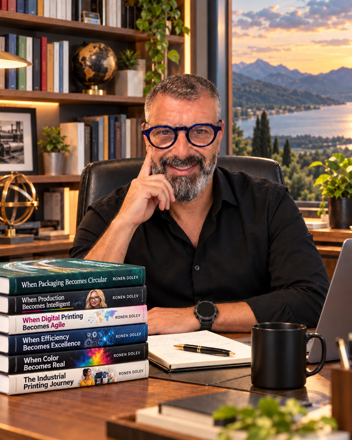 Ronen Dolev at his writing desk with his industrial printing books