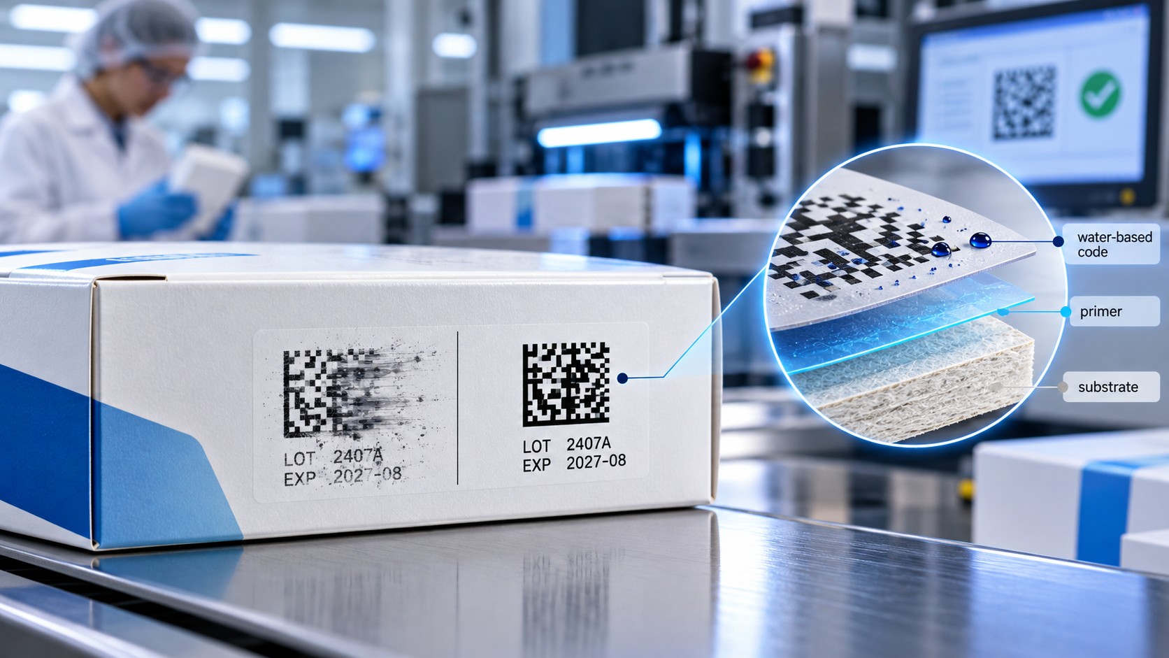 Folding carton with printed 2D codes on a production line beside a magnified diagram of the code, primer, and substrate layers.