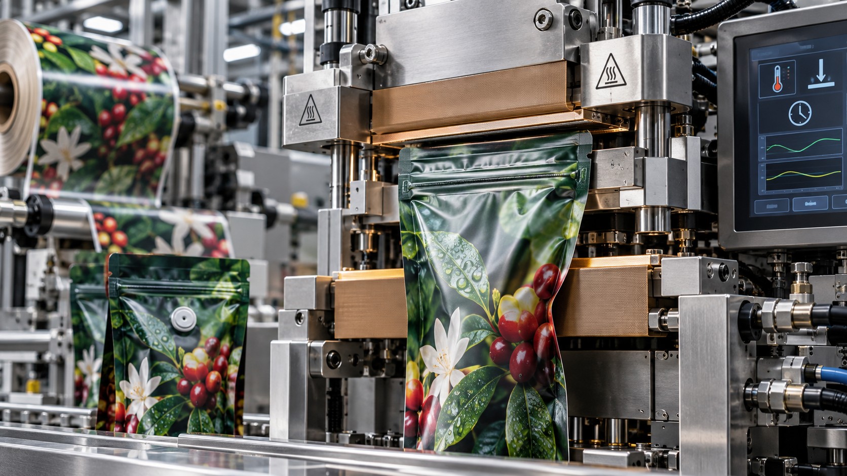 Industrial sealing machine processing a printed flexible pouch beside another pouch and a control screen.
