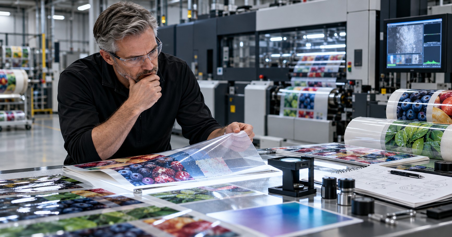 A man inspecting transparent printed film beside an industrial printing press, with printed rolls and control monitors in the background.