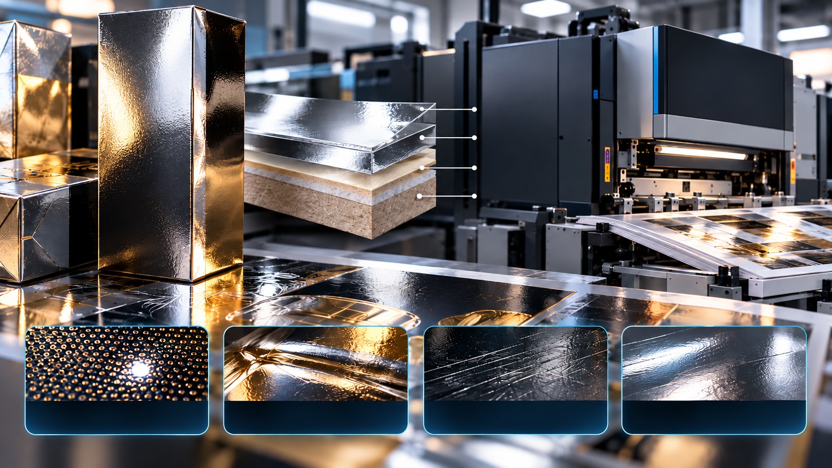 Reflective metallic cartons beside a sheetfed digital press, with close-up panels showing bright spots, creases and surface scratches.