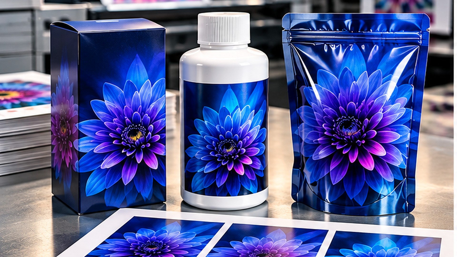 Folding carton, white bottle, flexible pouch and printed sheets with blue and purple flower graphics.