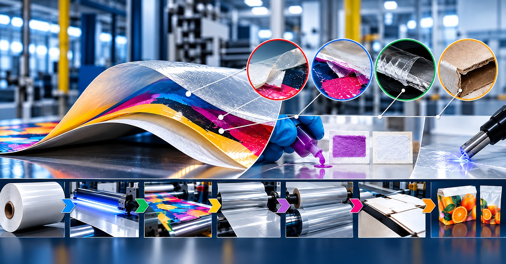 Composite of layered printed films, material close-ups, production rollers, laboratory samples and finished food packages.