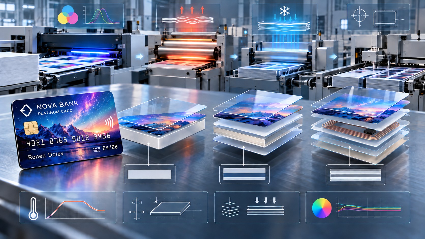Industrial card production line with layered plastic card stacks and process-control graphics.