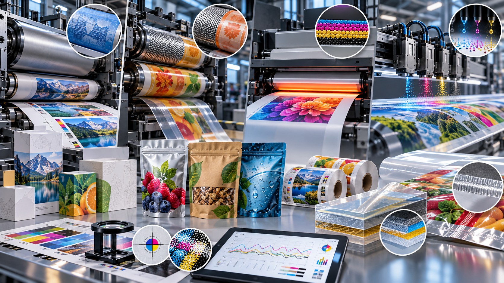 Collage of industrial printing presses, printed webs, packaging samples and color-control graphics.