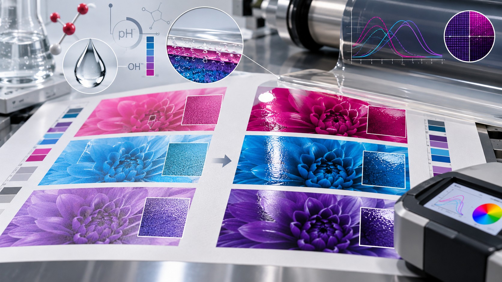 Printed floral color samples beneath a coating roller, with laboratory glassware, pH symbols, spectral graphs and a color-measurement device.