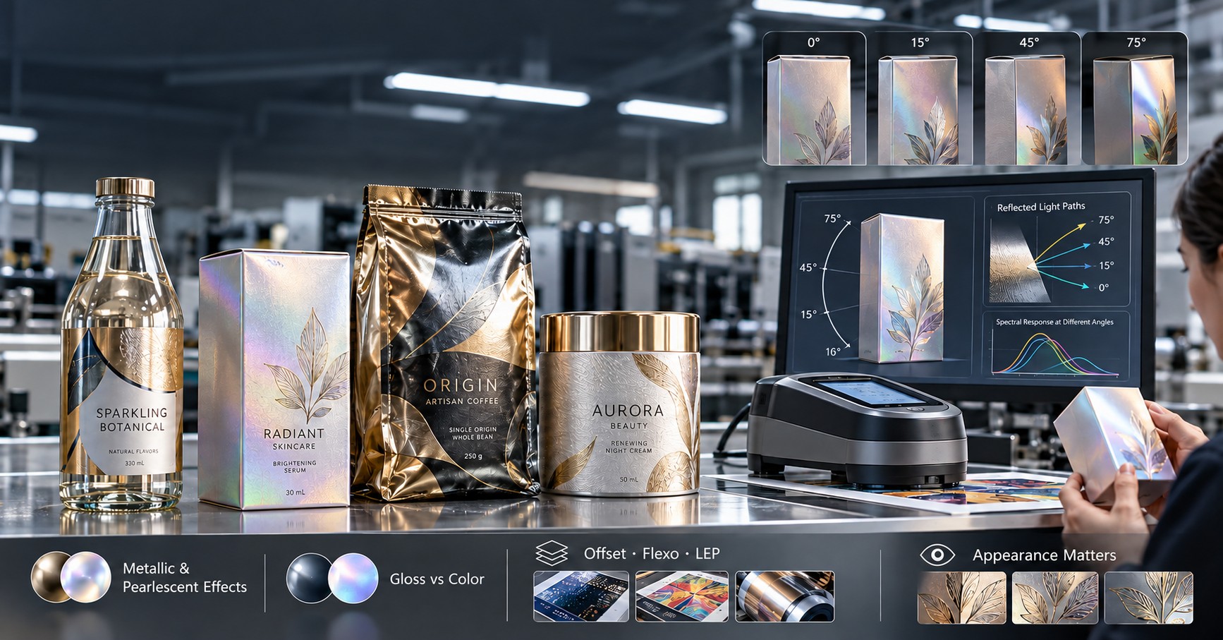 Packaging samples beside a multiangle measurement display as an operator tilts an iridescent carton.
