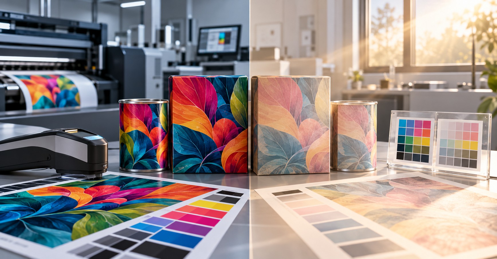 Printed packaging samples, color charts, and vivid print sheets arranged beside an industrial printing press in a sunlit production space.