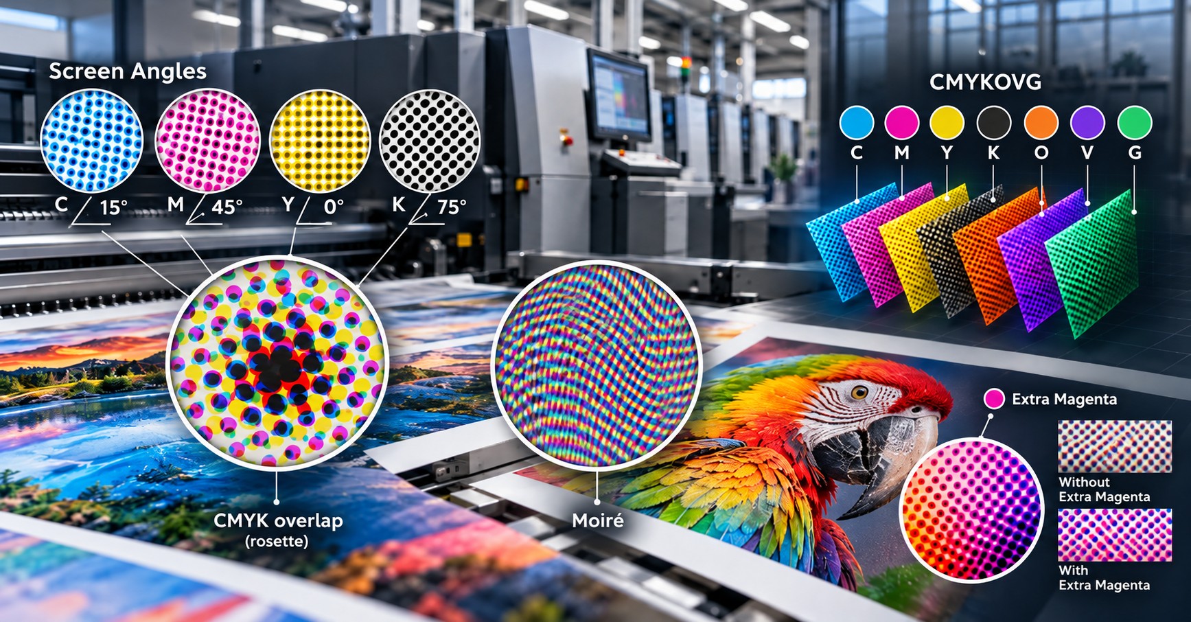 Industrial printing press with a colorful parrot print and diagrams showing CMYKOVG halftone screens, rosette, moiré and Extra Magenta.