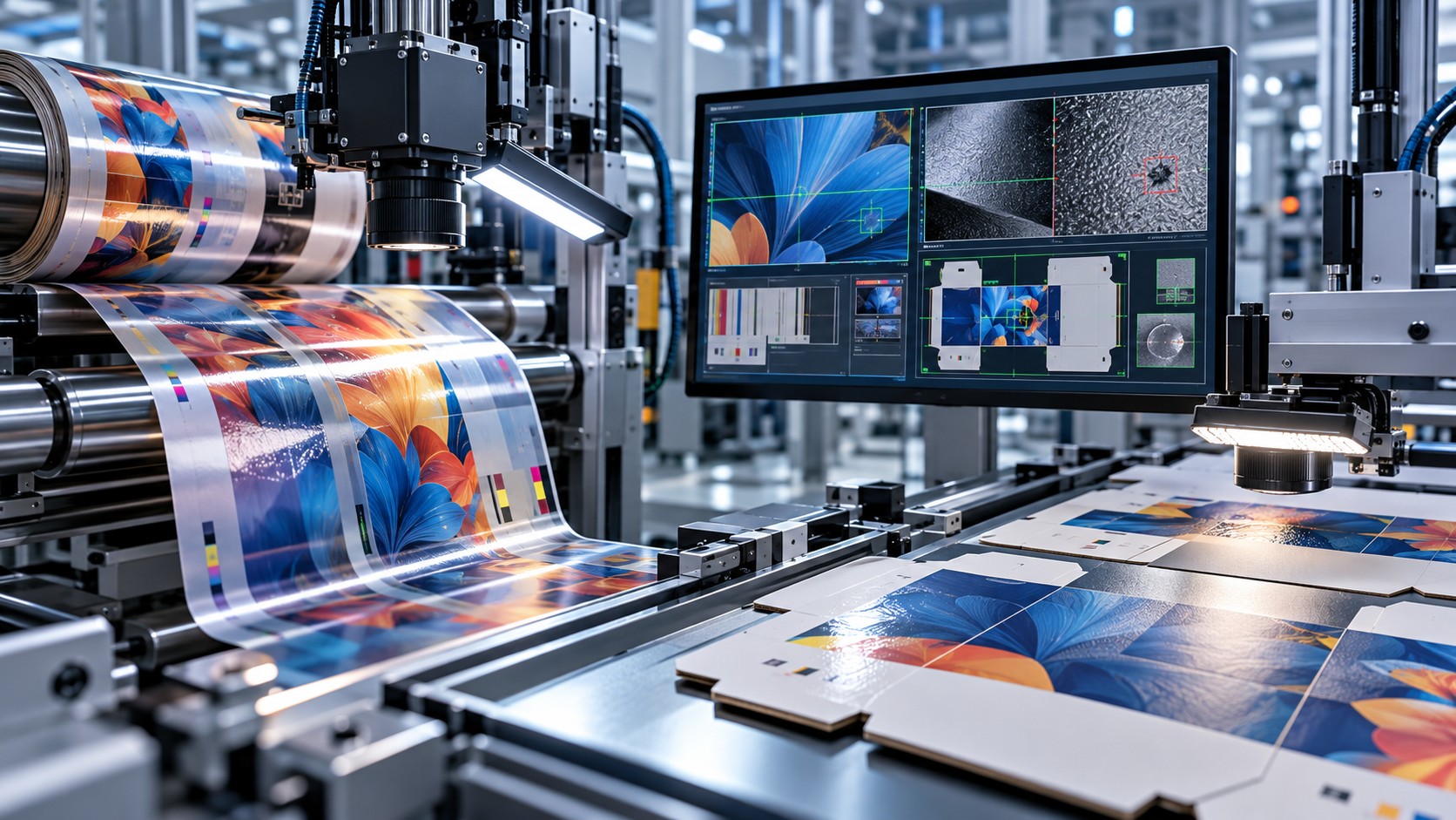 Machine-vision cameras and a monitor beside a colorful printed web and carton sheets on an industrial production line.