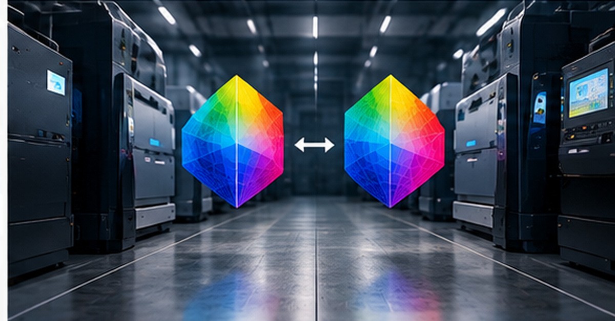 Digital printing presses facing two colorful gamut graphics connected by a two-way arrow.