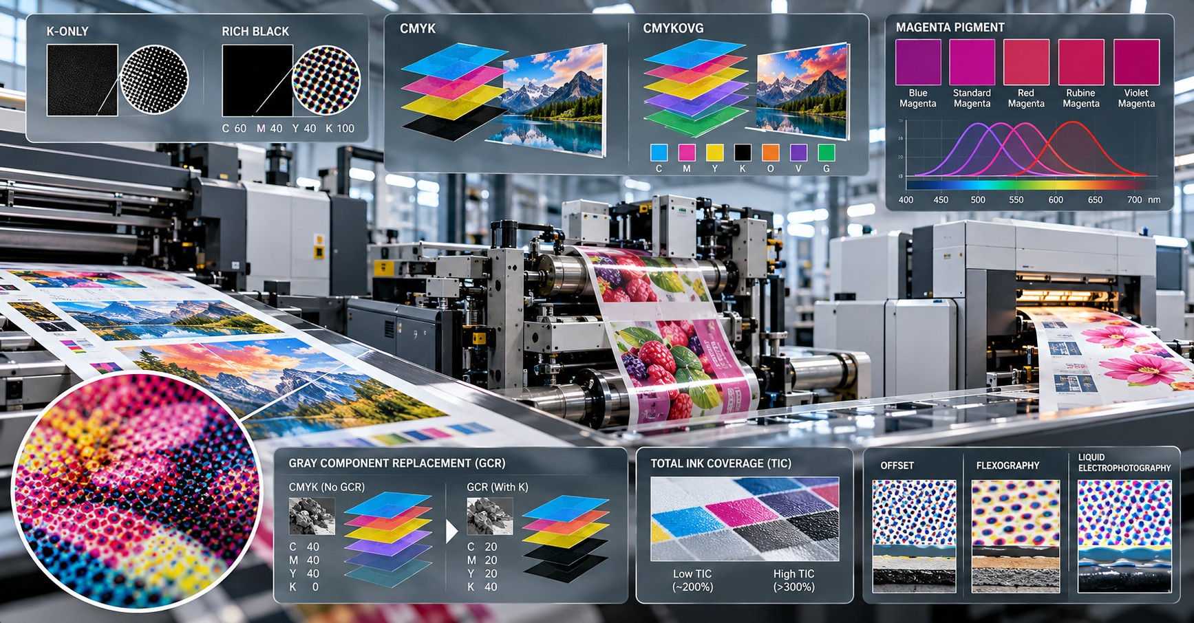 Industrial printing press with colorful packaging webs and inset diagrams comparing black builds, color separations and magenta pigments.