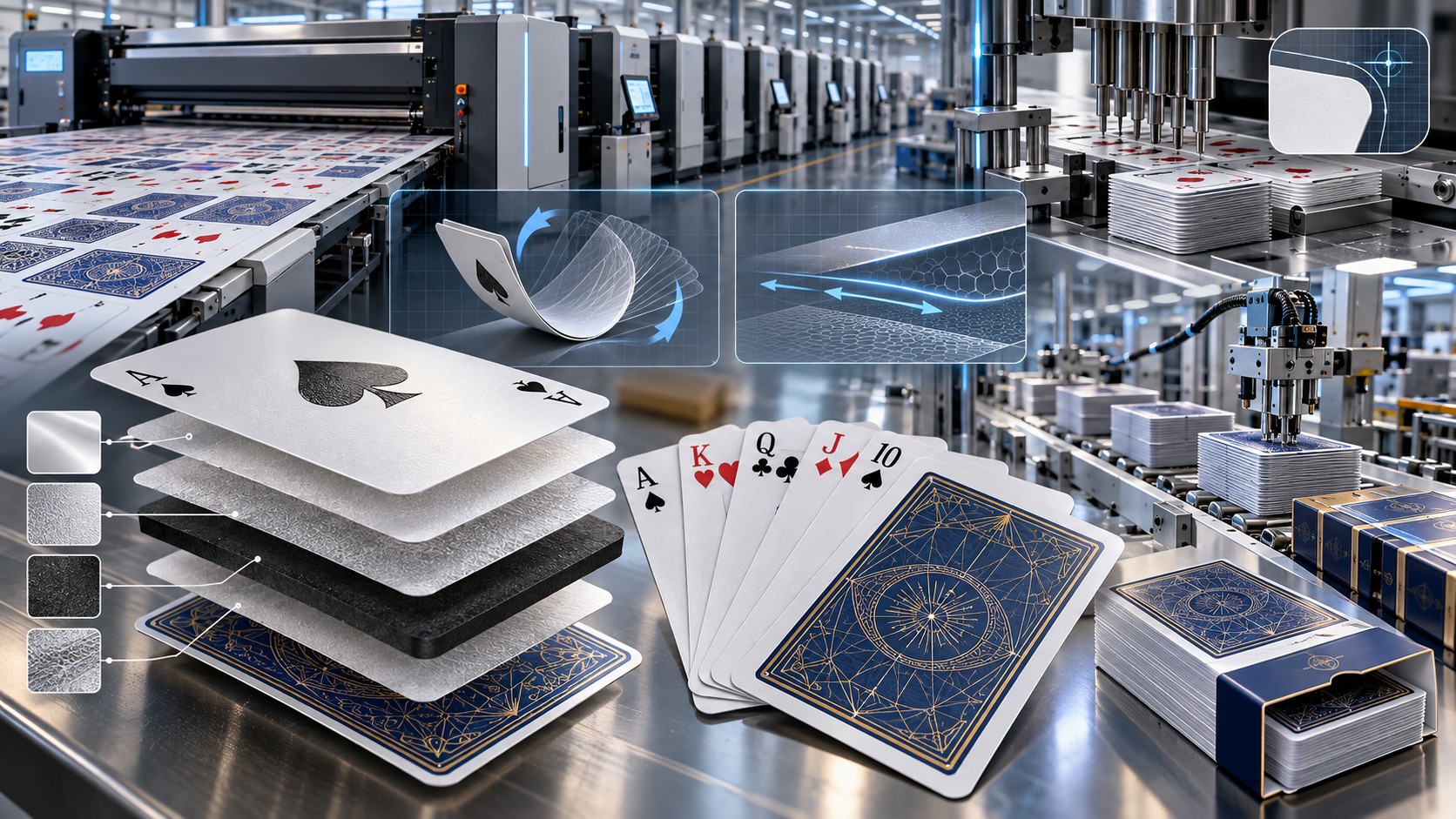 Industrial playing-card production line with printed sheets, layered card construction, finished cards, cutting equipment and boxed decks.