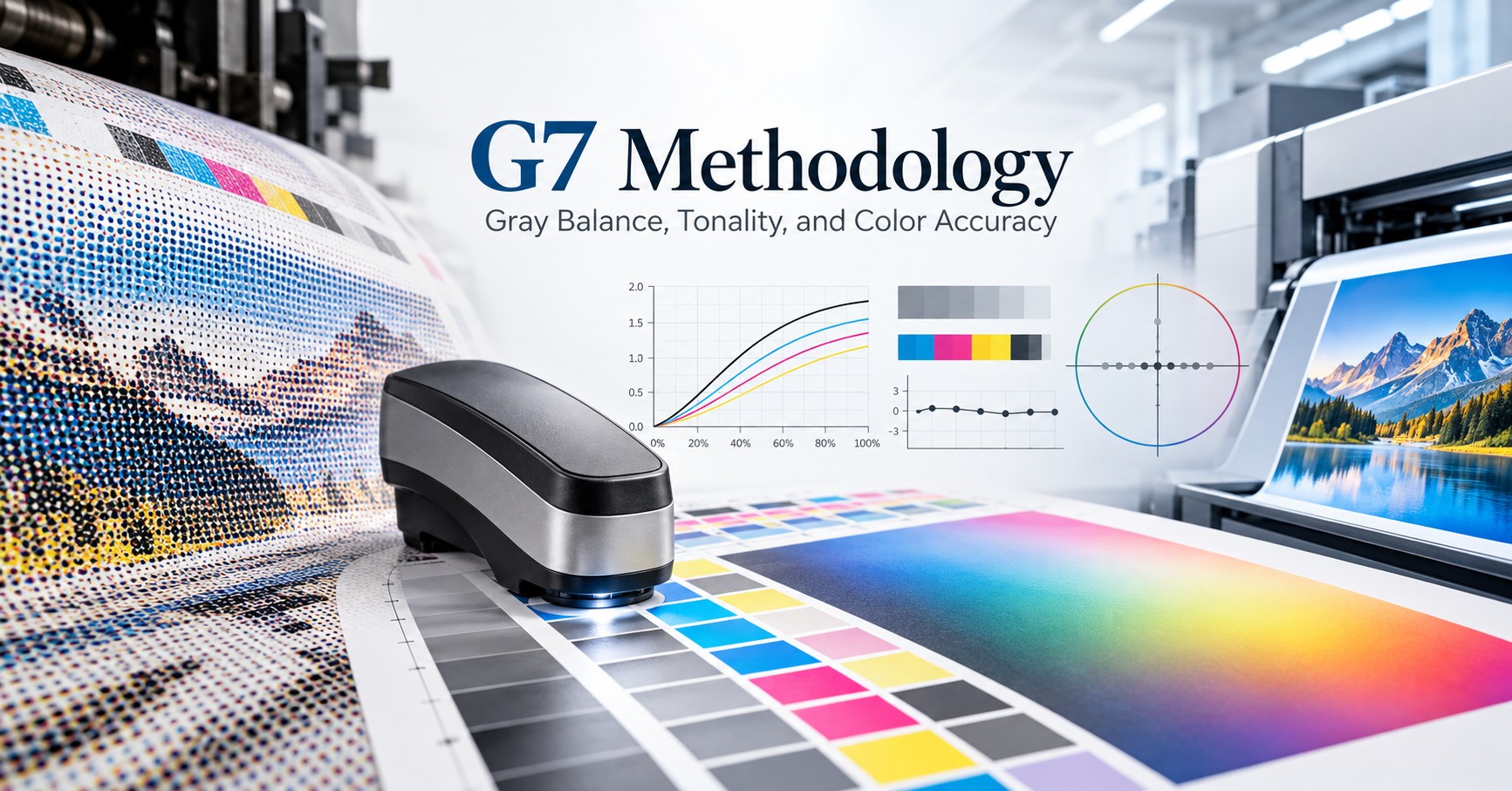 Spectrophotometer on a printed color target beside halftone artwork, tonal charts, and a monitor displaying a landscape image.