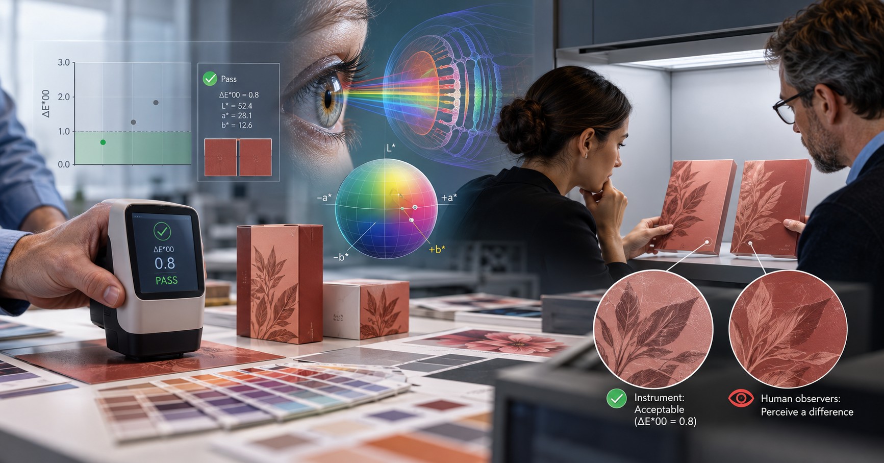 Handheld color measurement device beside printed samples as two reviewers compare reddish package designs, with color graphics overlaid.