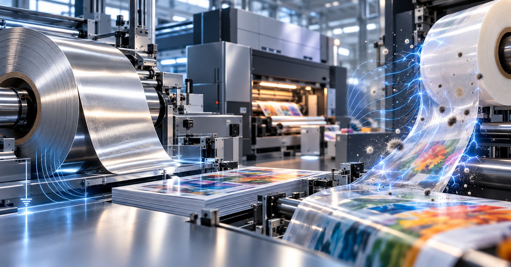 Industrial printing line with metal rolls, printed sheets, film webs, and illustrated blue electrical arcs.