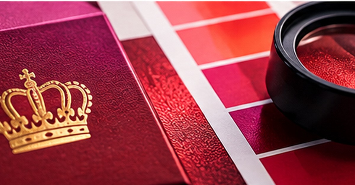 Close-up of red printed packaging with a gold crown beside color swatches and a magnifying loupe.
