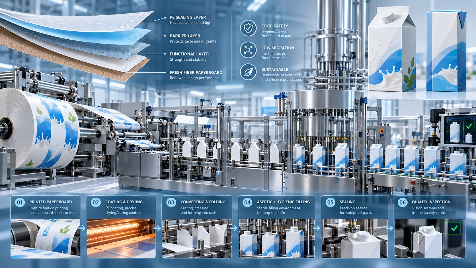 Infographic showing a liquid-carton production line, printed material rolls, layered board construction, filling equipment and finished cartons.