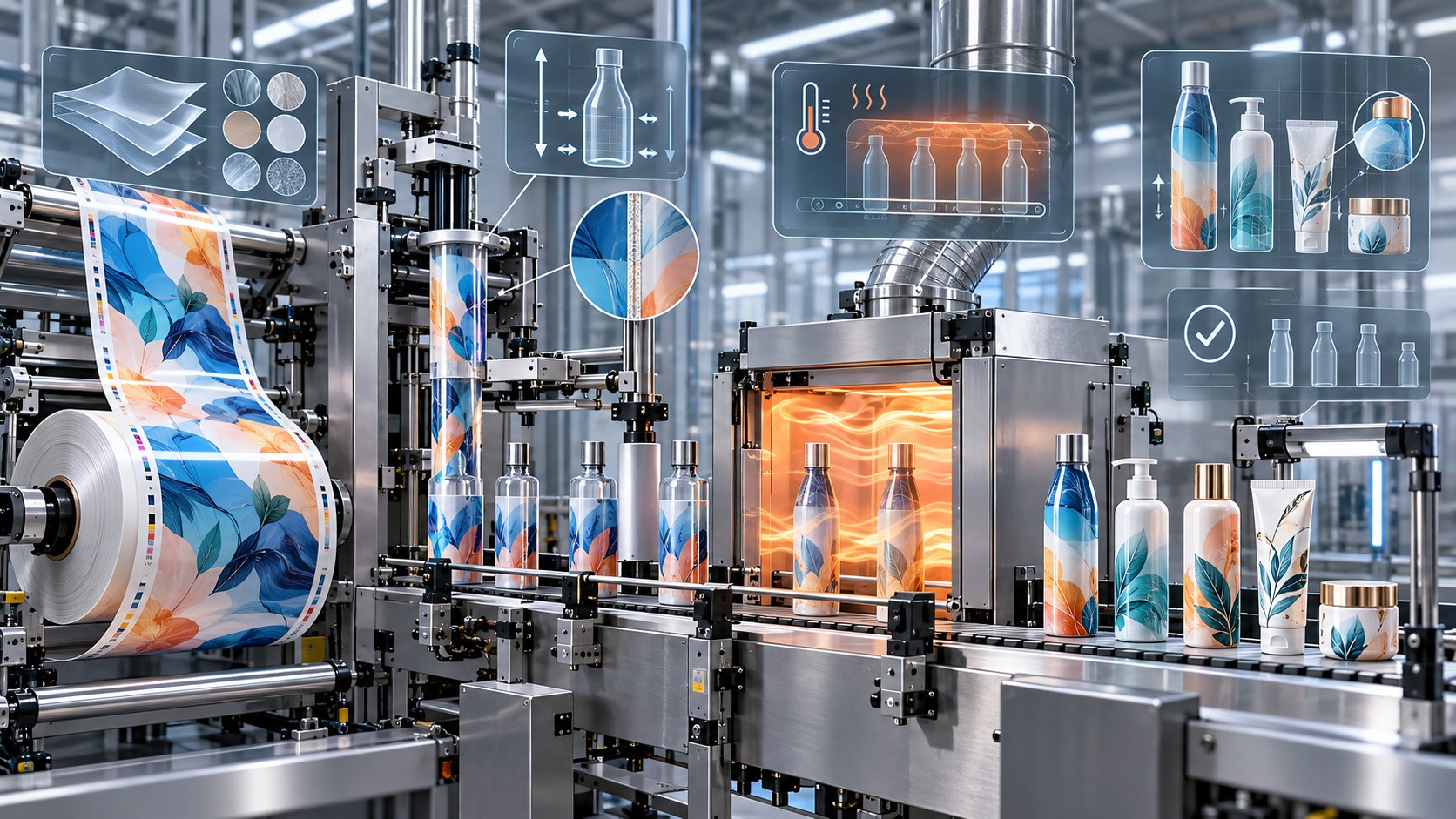 Automated packaging line with printed film, sleeved bottles, a heated tunnel and illustrated process overlays.