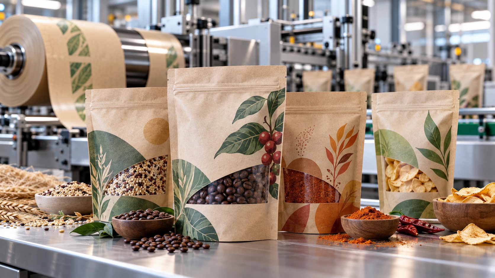Five printed brown paper pouches displayed with assorted dry foods in front of an industrial packaging line.