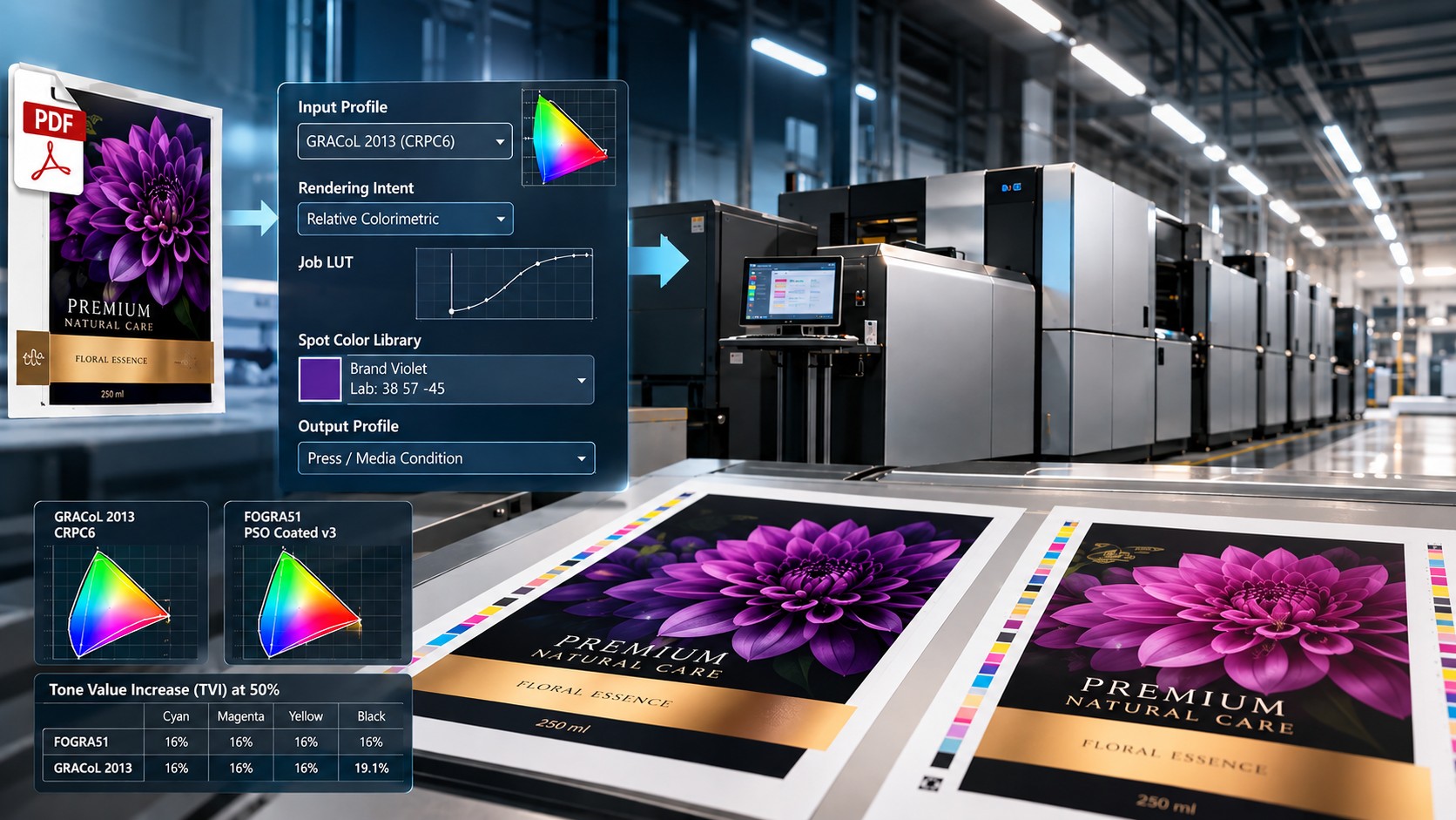 Industrial printing press beside color-management graphics and printed packaging sheets featuring purple flowers.
