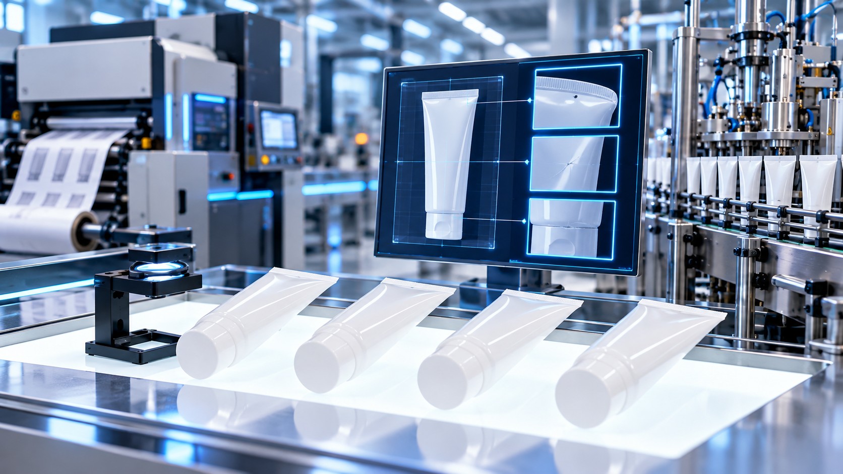 White plastic tubes on an industrial production line beside a monitor displaying tube shapes.