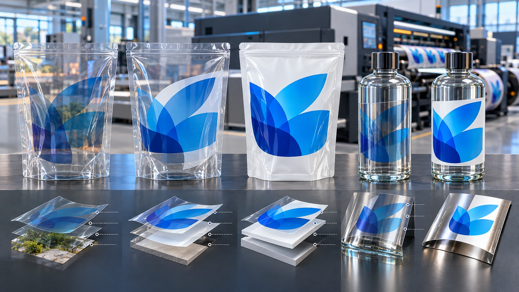 Transparent and white pouches, clear bottles and printed film samples with blue graphics displayed in a printing facility.