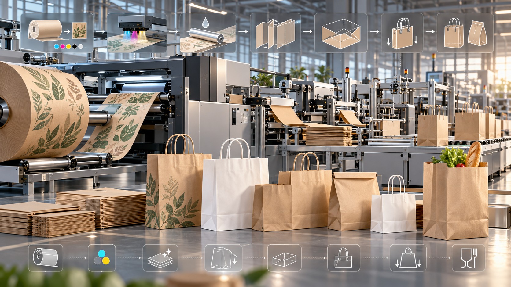 Paper bag production line with printed kraft paper rolls and finished shopping bags in the foreground.