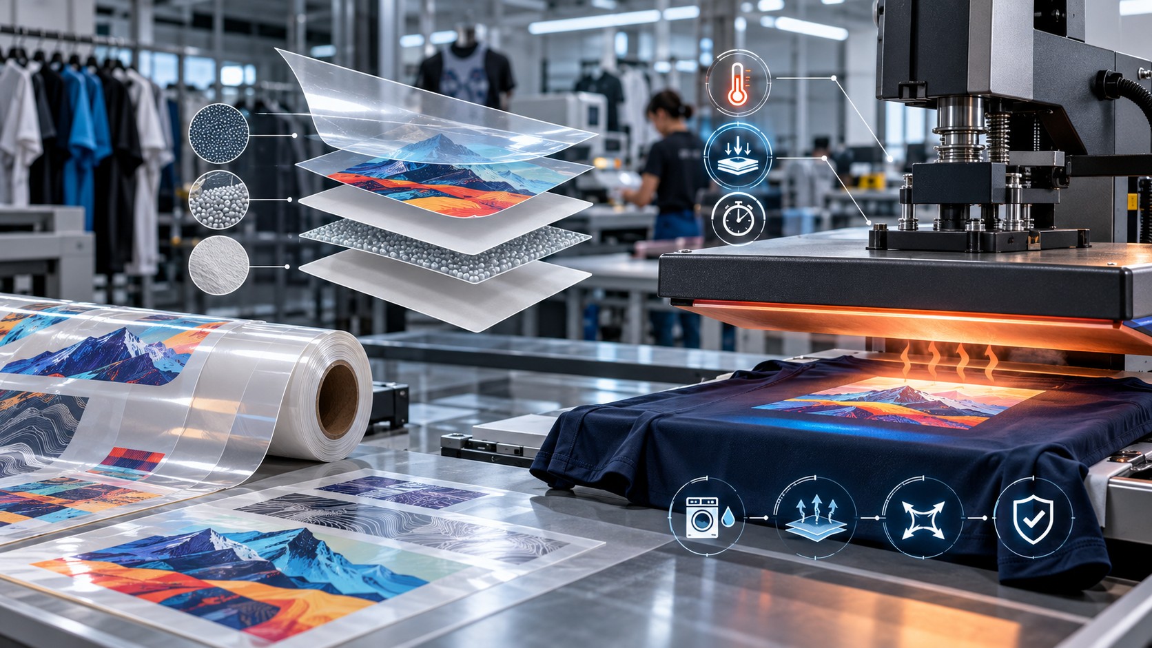 Industrial heat press over a dark garment with colorful printed transfer films and an illustrated stack of material layers.