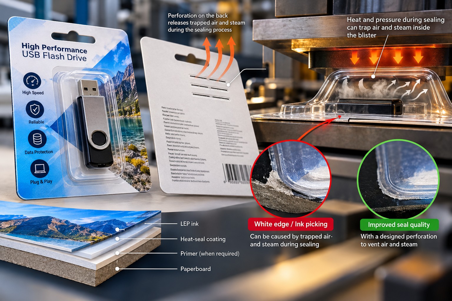 Composite illustration of a USB flash drive blister pack, perforated card back, heat-sealing platen, material layers, and two seal-edge close-ups.