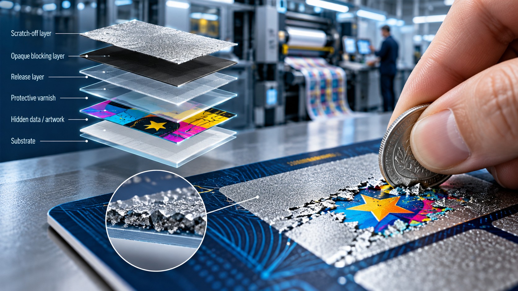 Hand using a coin to scratch a silver card panel beside an exploded layer diagram in a printing facility.
