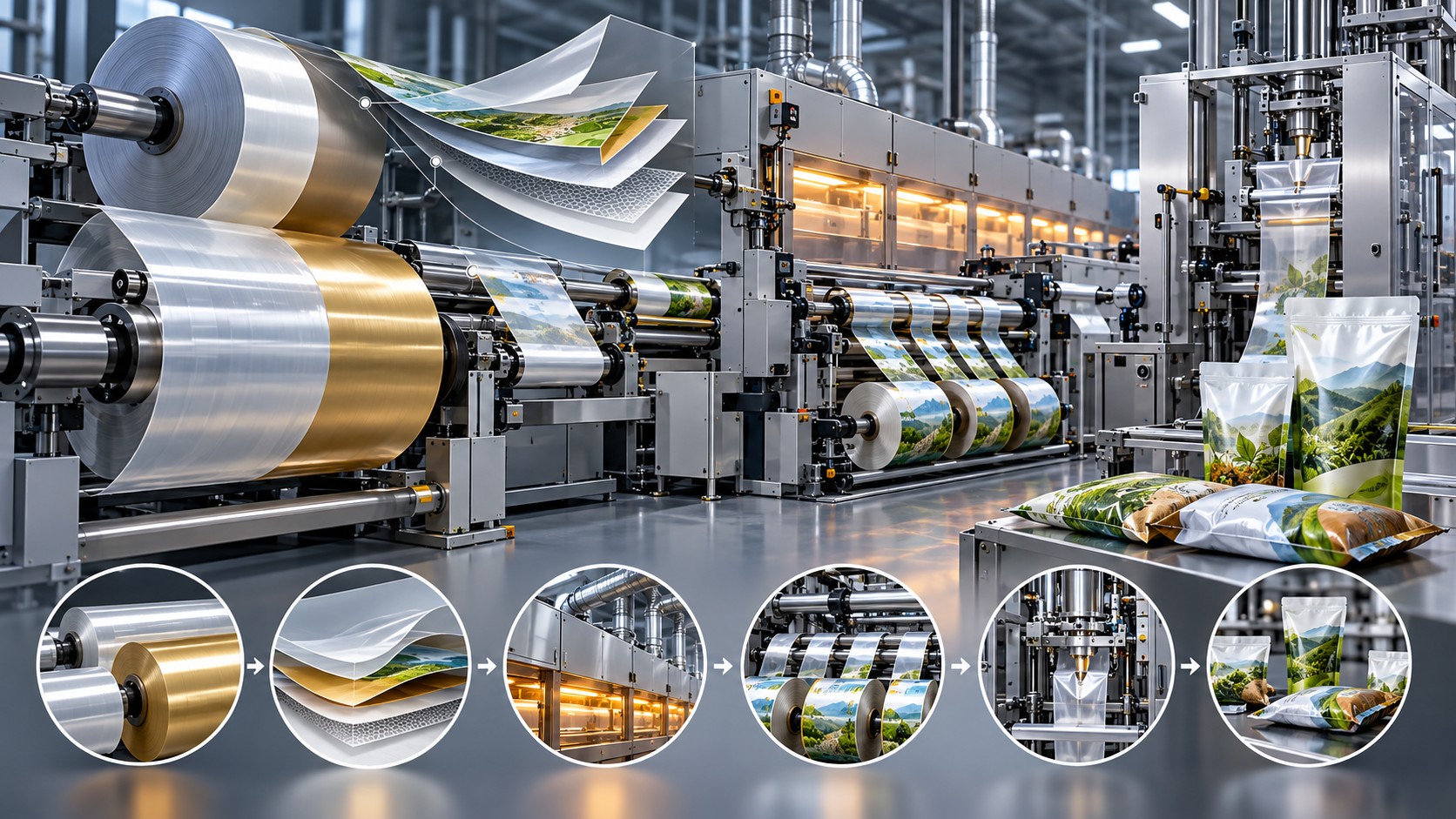 Flexible packaging production line with film rolls, printed webs, converting stages, and finished pouches.