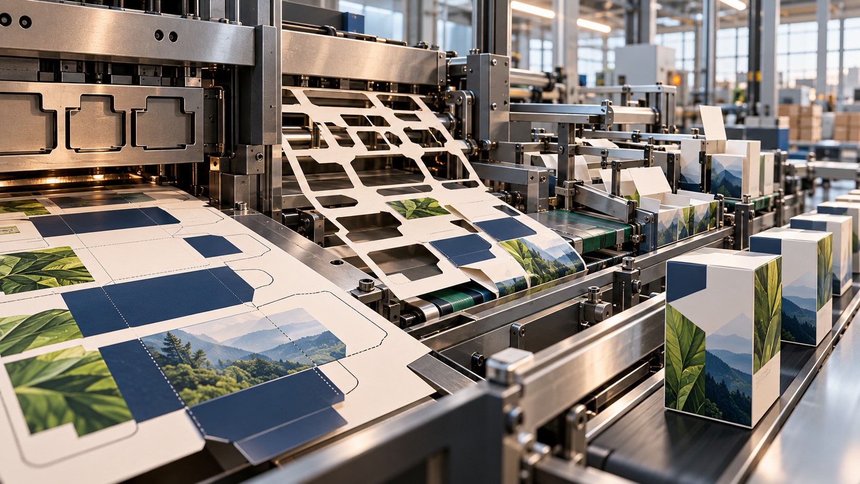 Printed carton sheets and upright cartons moving through industrial converting machinery.