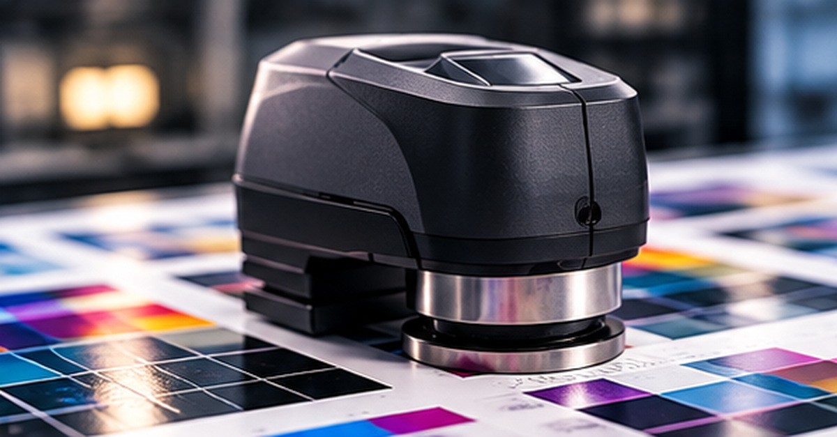 Black color-measurement instrument resting on a multicolored printed test chart.