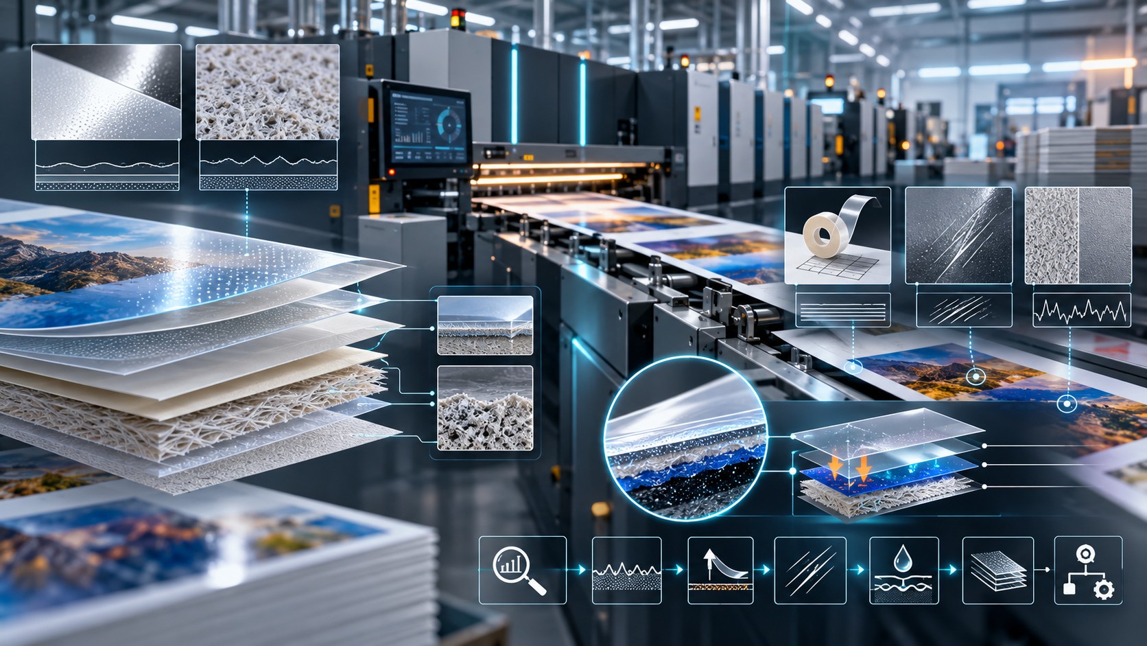 Industrial printing press with layered material cutaways and surface-analysis graphics over printed sheets.