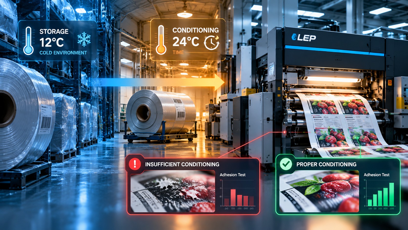 Illustrated factory scene with material rolls moving from cold storage through conditioning to a digital LEP press, alongside contrasting adhesion-test panels.