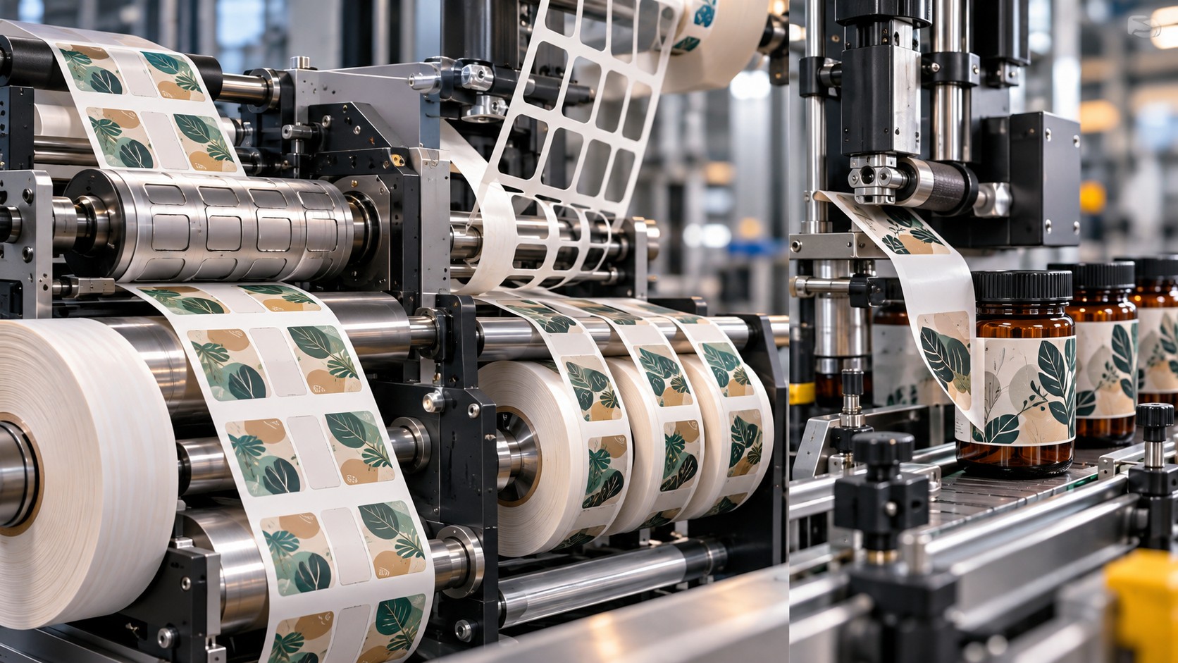 Label converting machinery running printed label webs beside amber bottles on a labeling line.