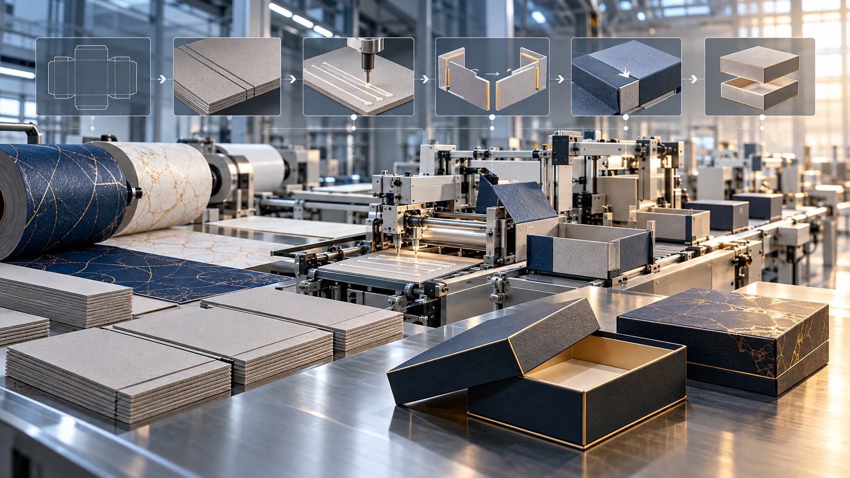 Rigid-box production line with stacked board components, finished black boxes and inset assembly diagrams.