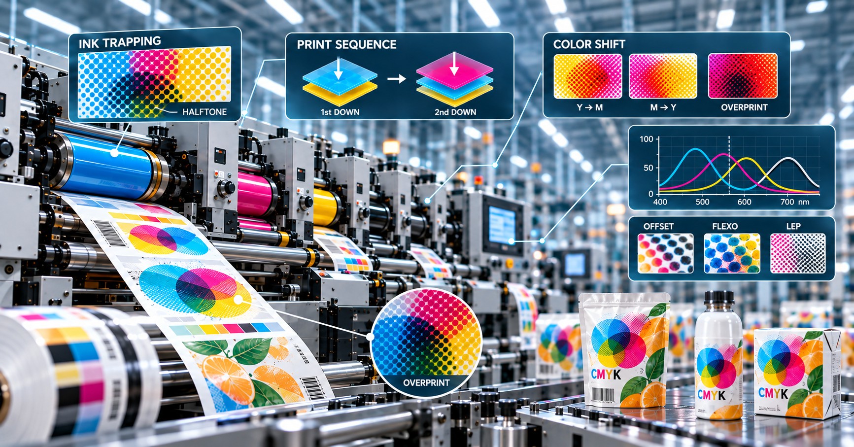Industrial printing line producing colorful test sheets, with inset diagrams of halftones, layered inks, spectral curves, and printed packages.
