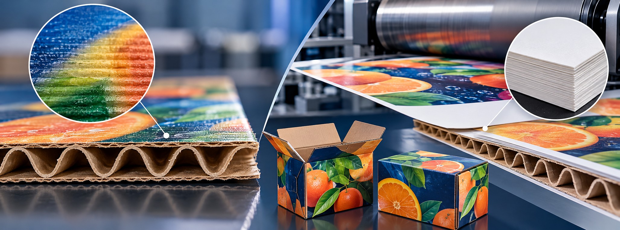 Colorful printed corrugated sheets and cartons beside a printing press, with inset close-ups of a textured print surface and stacked white sheets.