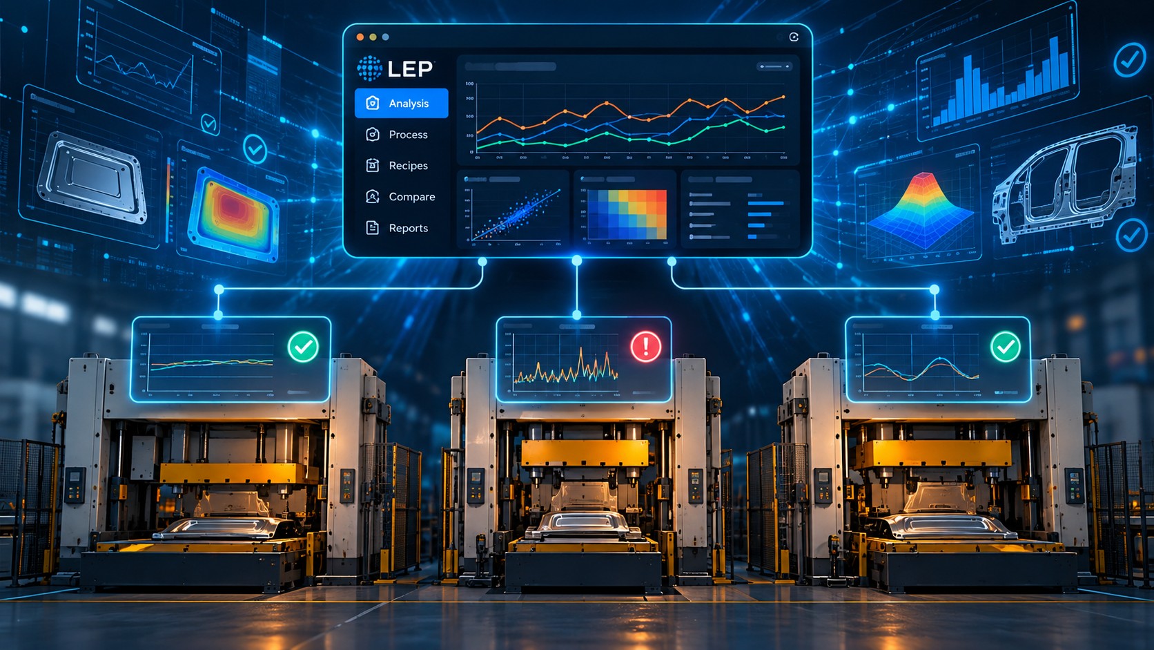 Three industrial printing presses beneath illuminated monitoring dashboards, charts, and process graphics.