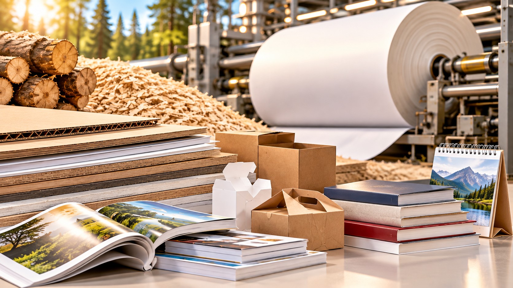 Paper roll, corrugated board, cartons, books and printed products beside logs and wood chips in an industrial mill setting.