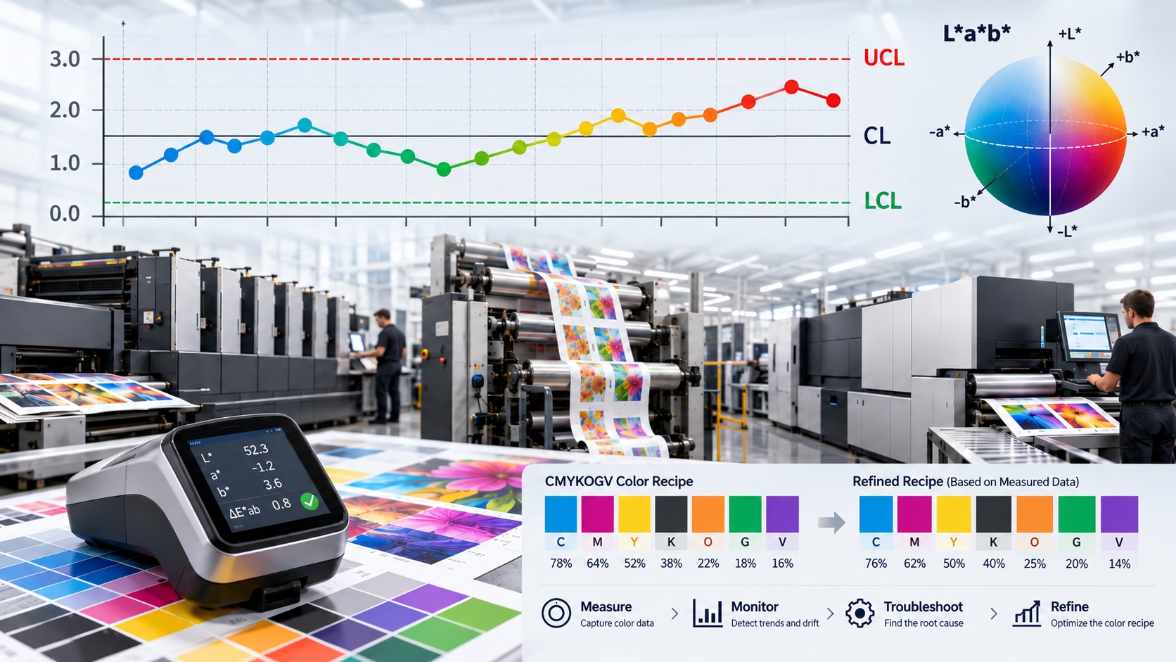 Composite graphic showing an industrial printing press, a color trend chart, a color sphere, a measuring device on swatches, and ink recipe diagrams.