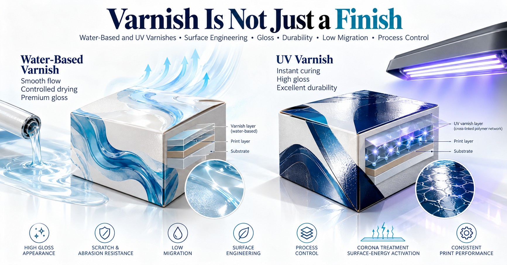 Infographic comparing a liquid-coated carton with a UV-cured carton beneath a purple curing lamp.