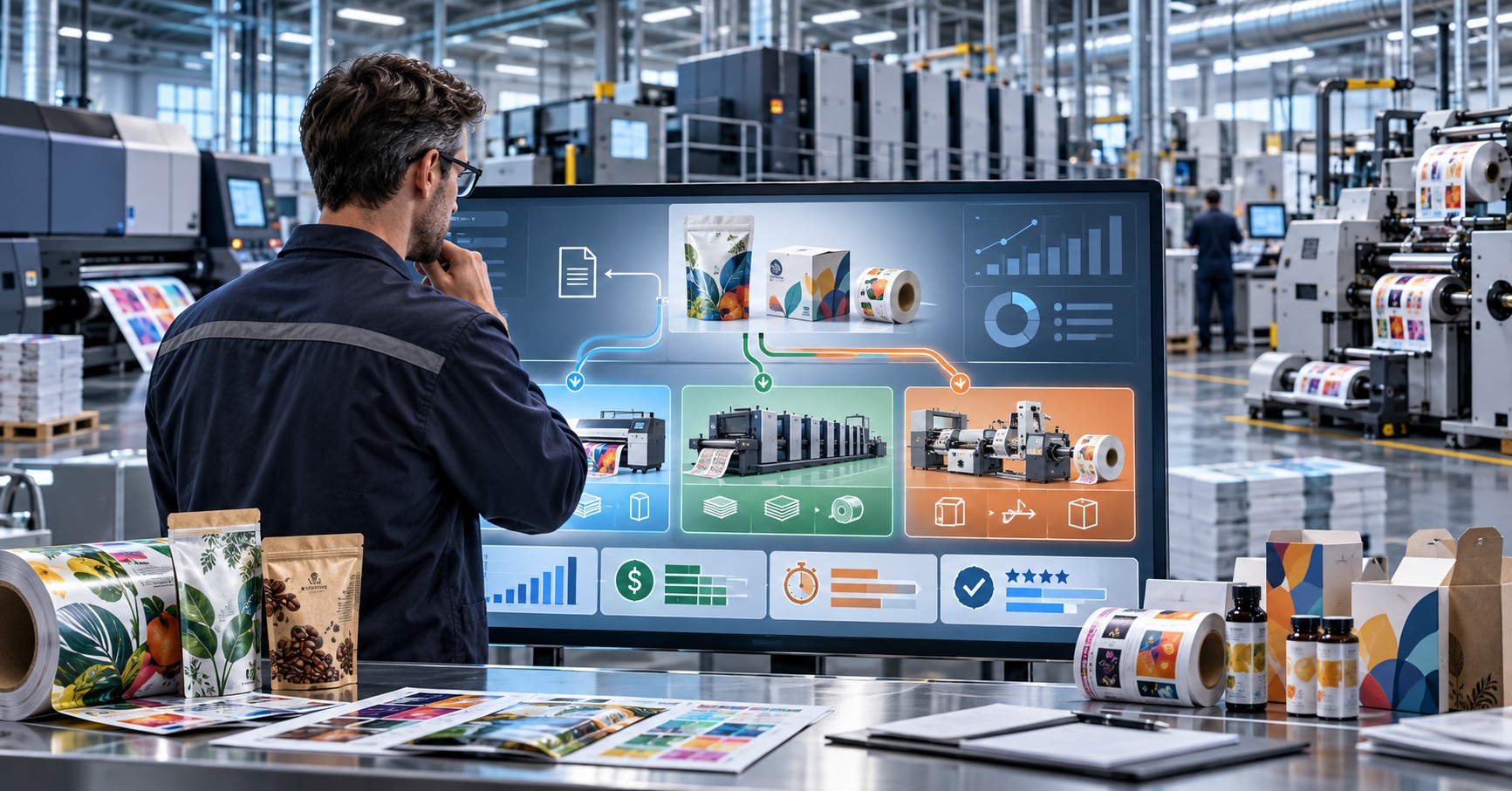 A person reviews a production-planning display in a packaging plant surrounded by printed rolls, pouches, labels, bottles and cartons.