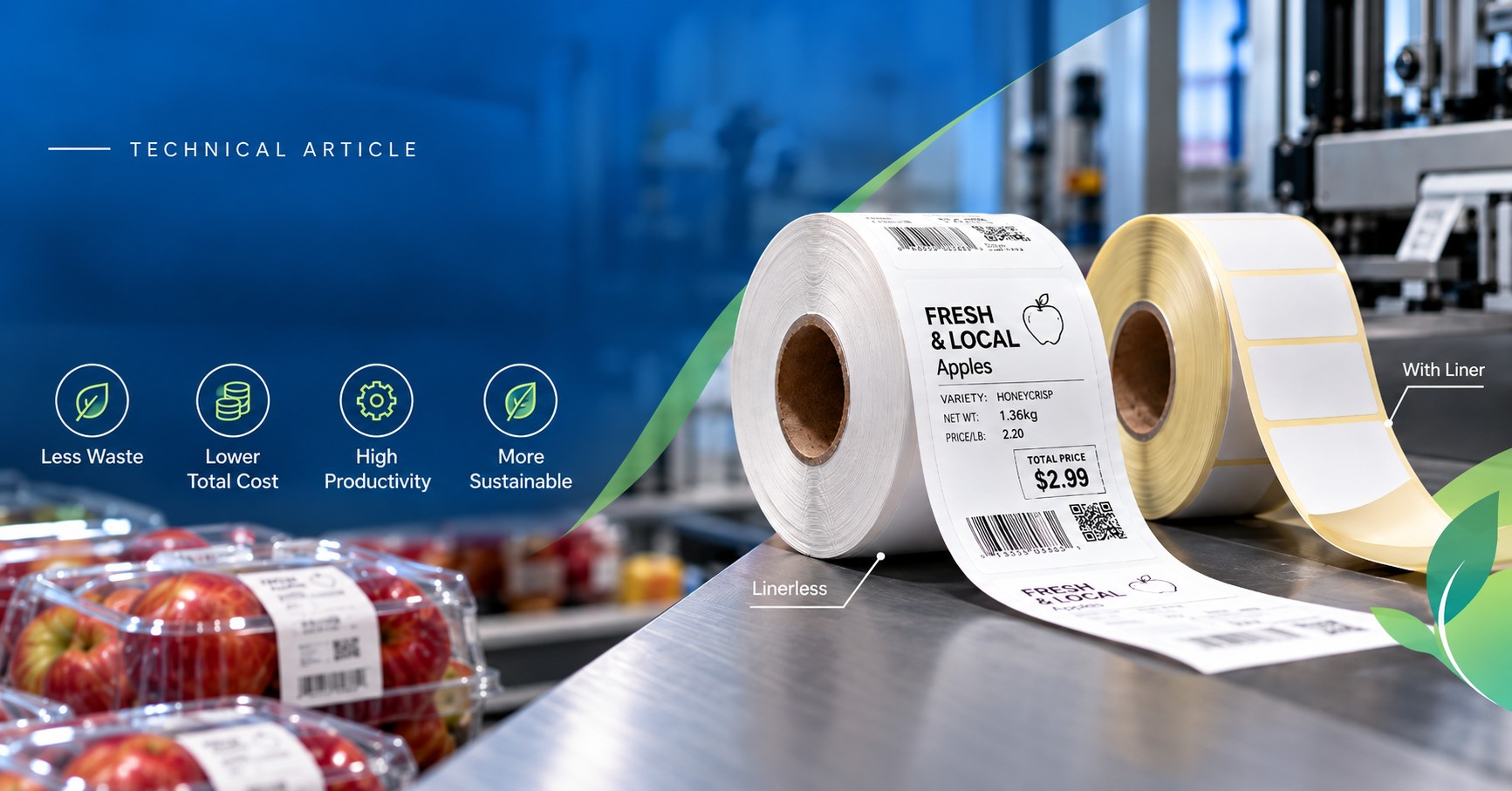 Two label rolls on a metal conveyor, one printed and one blank, with packaged produce and machinery in the background.