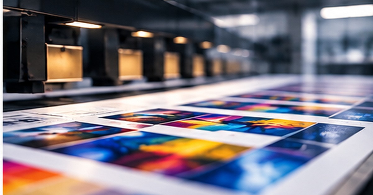 Colorful printed sheets passing through an industrial printing press